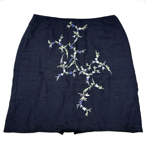 Vintage 90s Karen Kane Navy Linen Floral Embroidered Skirt 14 32x20.5" -FLAWED - Picture 1 of 13